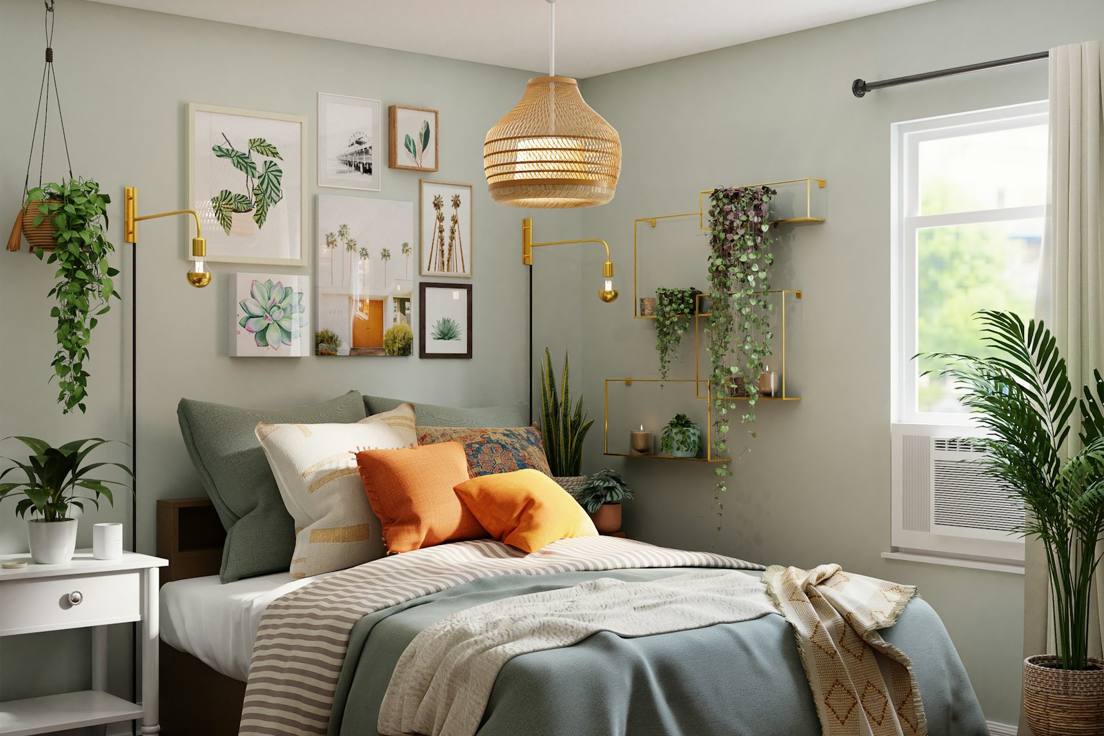 Chambre accueillante et rangée, lit fait, coussins colorés et plantes